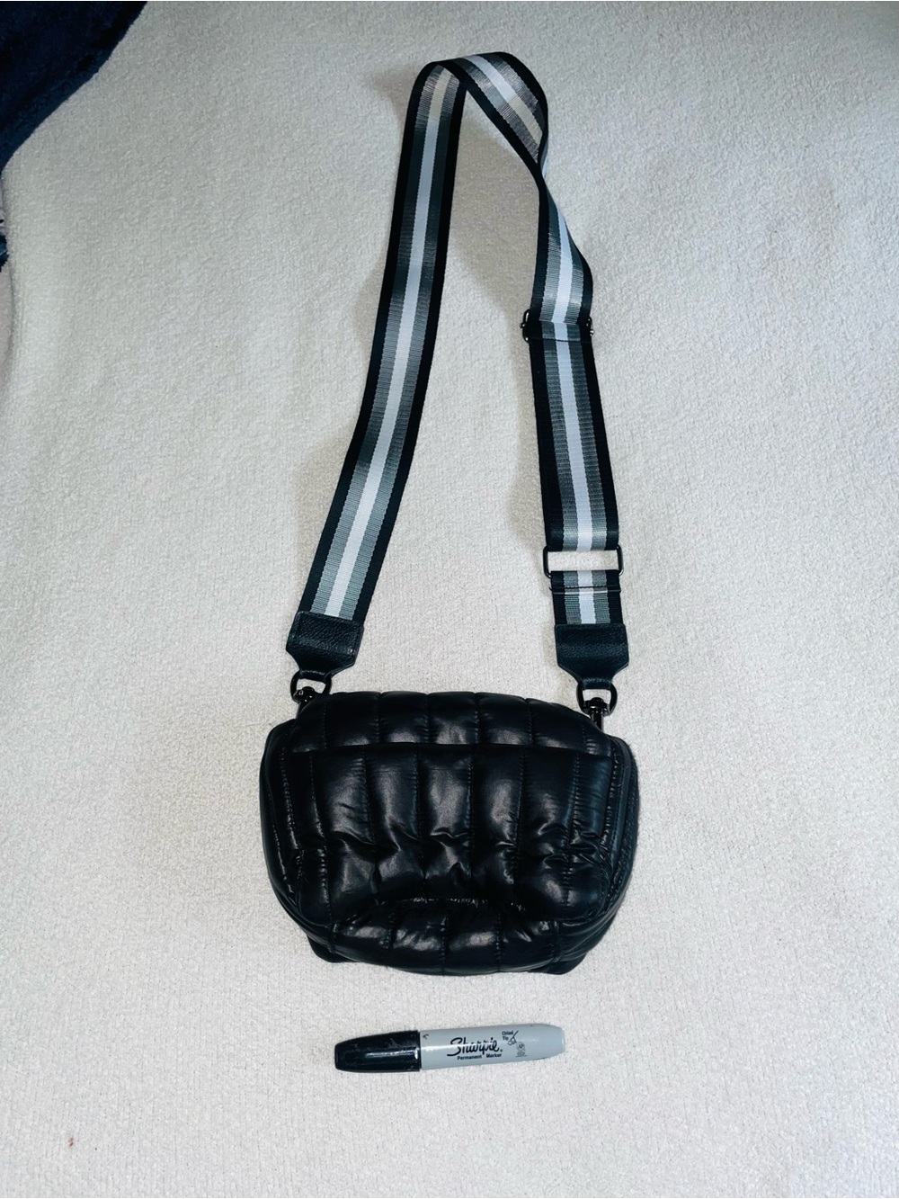 THINK ROYLN Bar Bag Black Quilted Crossbody with Striped Adjustable Strap